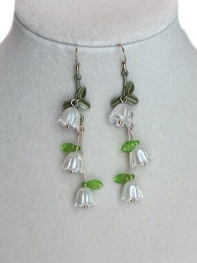 White Bell Flower and Gold Drop Earrings with Green Leaves